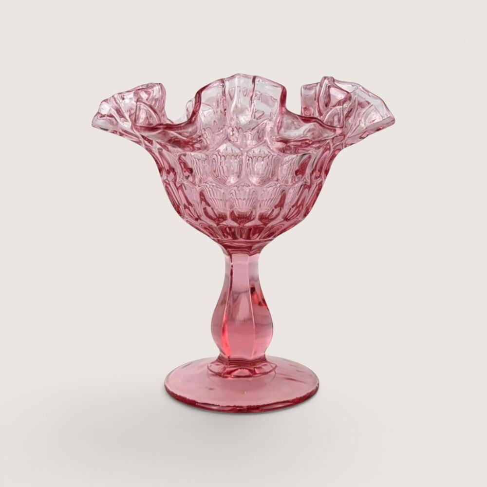 Vintage Fenton Thumbprint Ruffled Cranberry Glass Compote